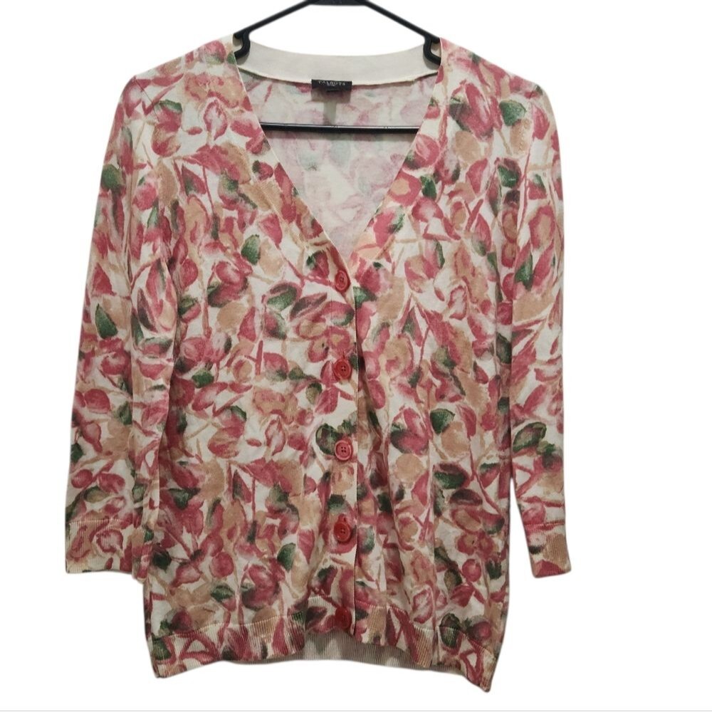 Talbots Petites Pink and Green Floral 3/4 Sleeve Cardigan Sz MP Feminine Spring